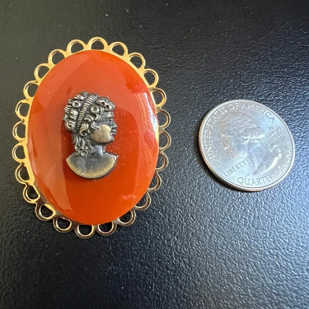 Vintage Faux Cameo Brooch Orange and Bronze Tone‎ Woman Pin